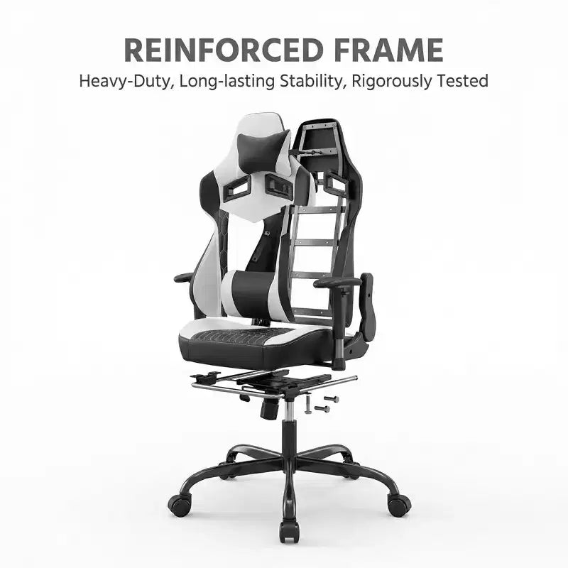Chaise gaming LauKingdom avec repose-pieds, chaise gamer ergonomique à dossier haut, appui-tête et lombaire réglables, cuir PU de style course pour le bureau et la maison