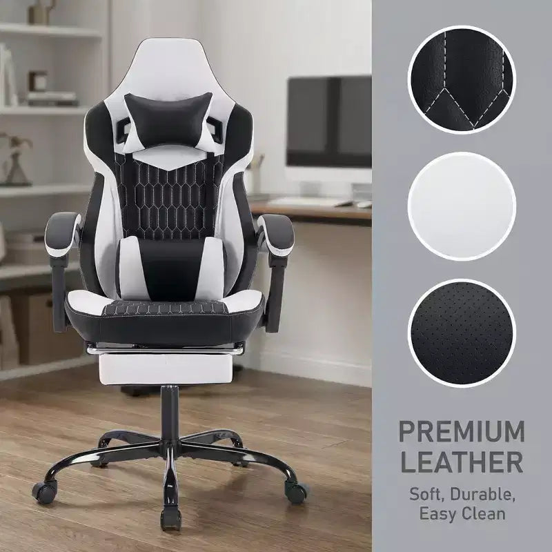 Chaise gaming LauKingdom avec repose-pieds, chaise gamer ergonomique à dossier haut, appui-tête et lombaire réglables, cuir PU de style course pour le bureau et la maison