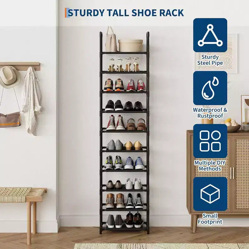 Étagère à chaussures métallique robuste 10 niveaux avec étagères en tissu amovibles, organiseur d'angle gain de place pour placard, entrée, salon