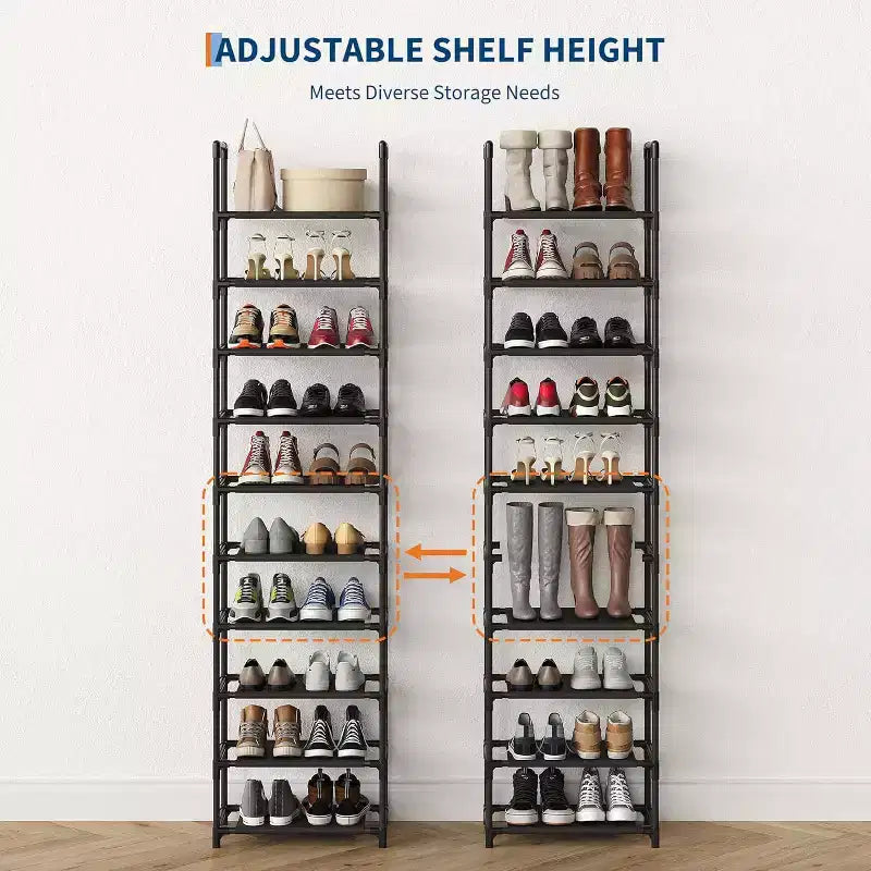 Étagère à chaussures métallique robuste 10 niveaux avec étagères en tissu amovibles, organiseur d'angle gain de place pour placard, entrée, salon