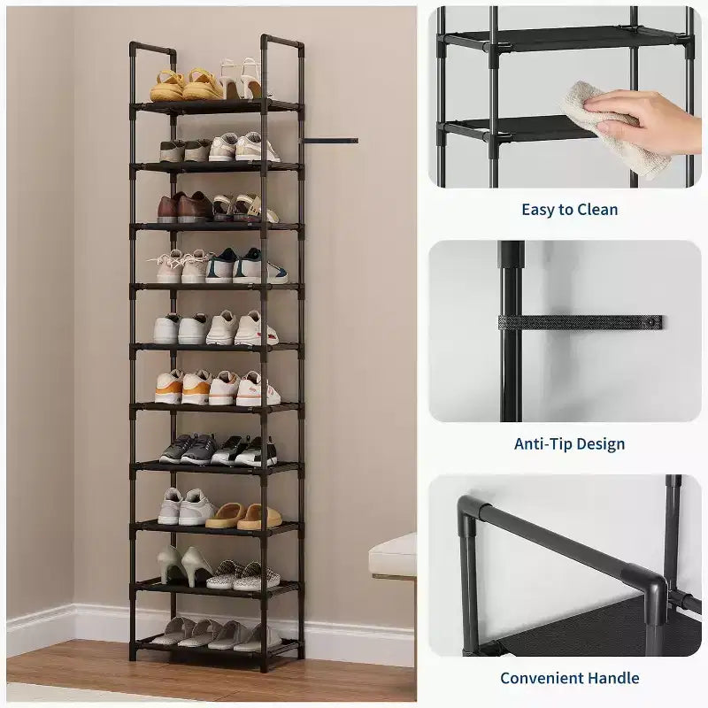 Étagère à chaussures métallique robuste 10 niveaux avec étagères en tissu amovibles, organiseur d'angle gain de place pour placard, entrée, salon