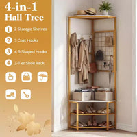 Porte-manteau d'angle Costway, arbre de hall autoportant avec étagères de rangement et crochets amovibles, marron rustique + noir/or + blanc