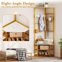Porte-manteau d'angle Costway, arbre de hall autoportant avec étagères de rangement et crochets amovibles, marron rustique + noir/or + blanc