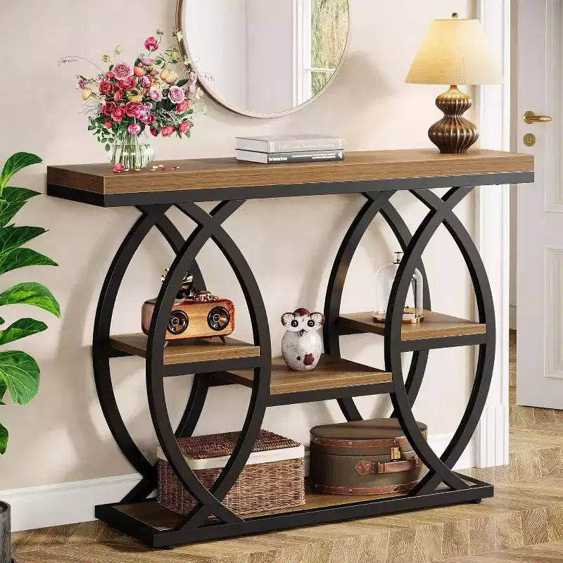 Table console Lantine 39.4, table d'appoint industrielle 4 niveaux table d'entrée avec étagères de rangement et structure métallique pour petits espaces, couloir, vestibule, marron