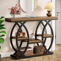 Table console Lantine 39.4, table d'appoint industrielle 4 niveaux table d'entrée avec étagères de rangement et structure métallique pour petits espaces, couloir, vestibule, marron