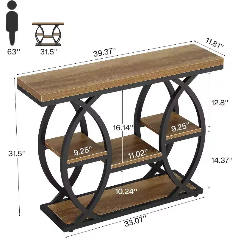 Table console Lantine 39.4, table d'appoint industrielle 4 niveaux table d'entrée avec étagères de rangement et structure métallique pour petits espaces, couloir, vestibule, marron