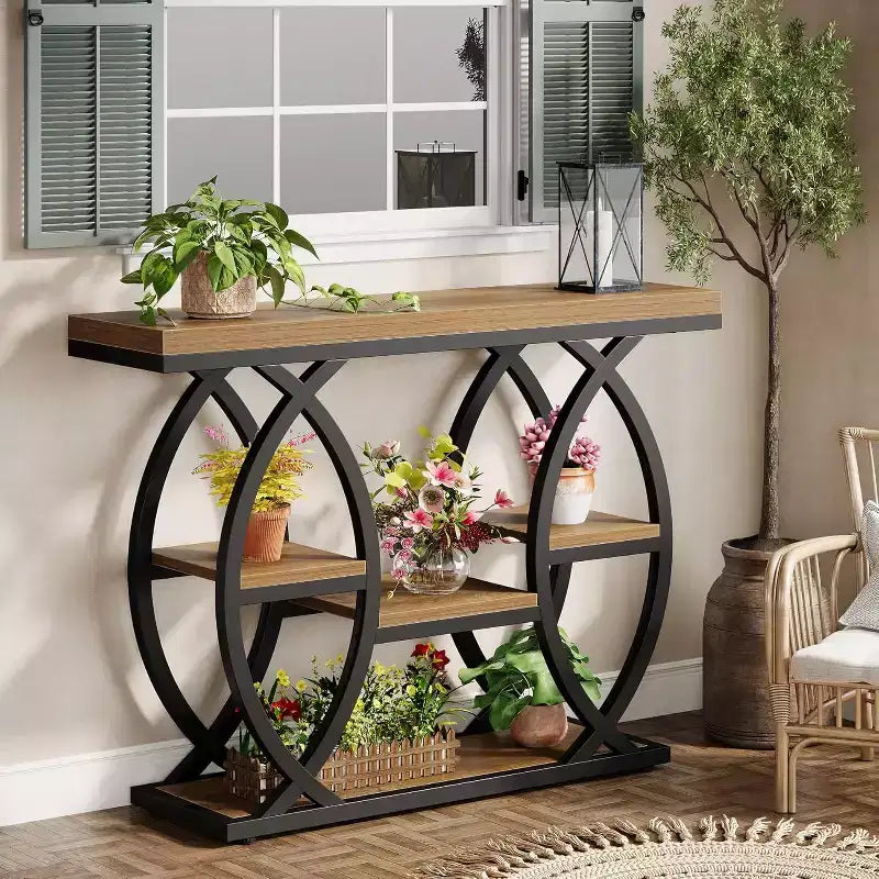 Table console Lantine 39.4, table d'appoint industrielle 4 niveaux table d'entrée avec étagères de rangement et structure métallique pour petits espaces, couloir, vestibule, marron