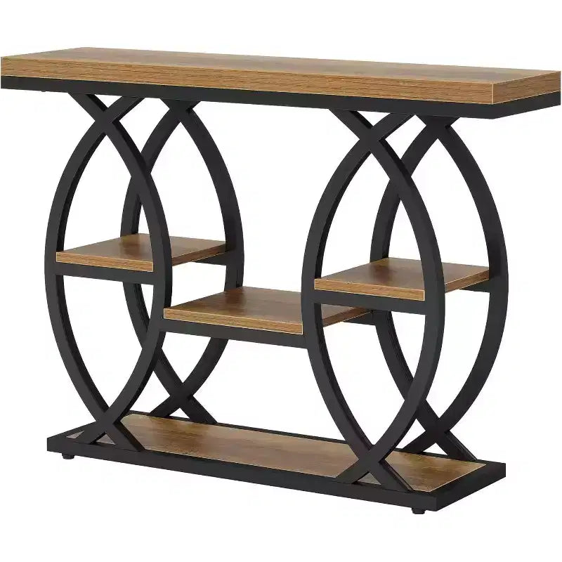 Table console Lantine 39.4, table d'appoint industrielle 4 niveaux table d'entrée avec étagères de rangement et structure métallique pour petits espaces, couloir, vestibule, marron