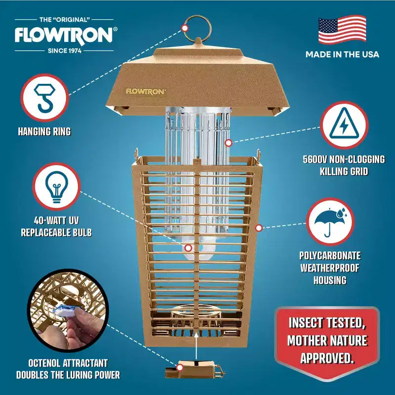 Destructeur d'insectes Flowtron 1 acre de couverture extérieure avec ampoule 40W et grille 5600V (Beige)