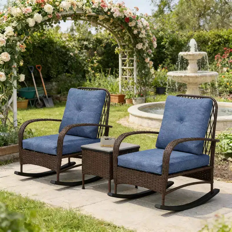 GDFStudio Belmont Ensemble bistro de terrasse 3 pièces avec chaises à bascule et table en rotin tressé