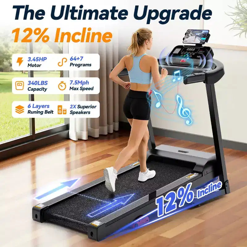 Tapis Roulant Inclinable à 12 % avec Poignée, Tapis Roulant Portable 3,45 CV pour la Maison, Tapis Roulant Pliable Supportant 154 kg, Tapis de Marche 3-en-1 Silencieux