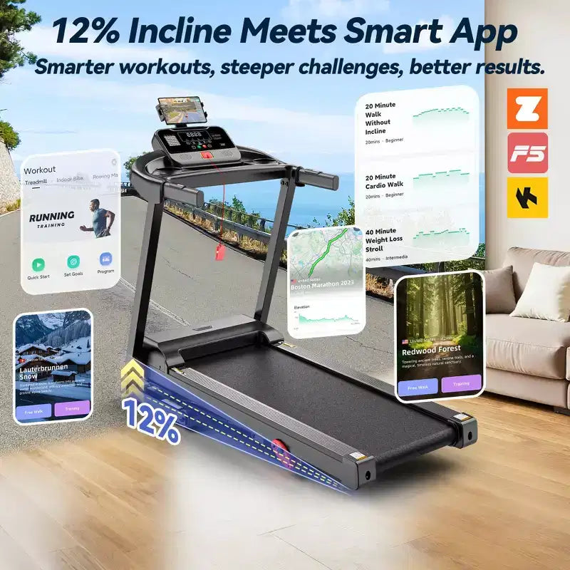Tapis Roulant Inclinable à 12 % avec Poignée, Tapis Roulant Portable 3,45 CV pour la Maison, Tapis Roulant Pliable Supportant 154 kg, Tapis de Marche 3-en-1 Silencieux