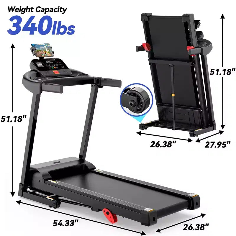 Tapis Roulant Inclinable à 12 % avec Poignée, Tapis Roulant Portable 3,45 CV pour la Maison, Tapis Roulant Pliable Supportant 154 kg, Tapis de Marche 3-en-1 Silencieux