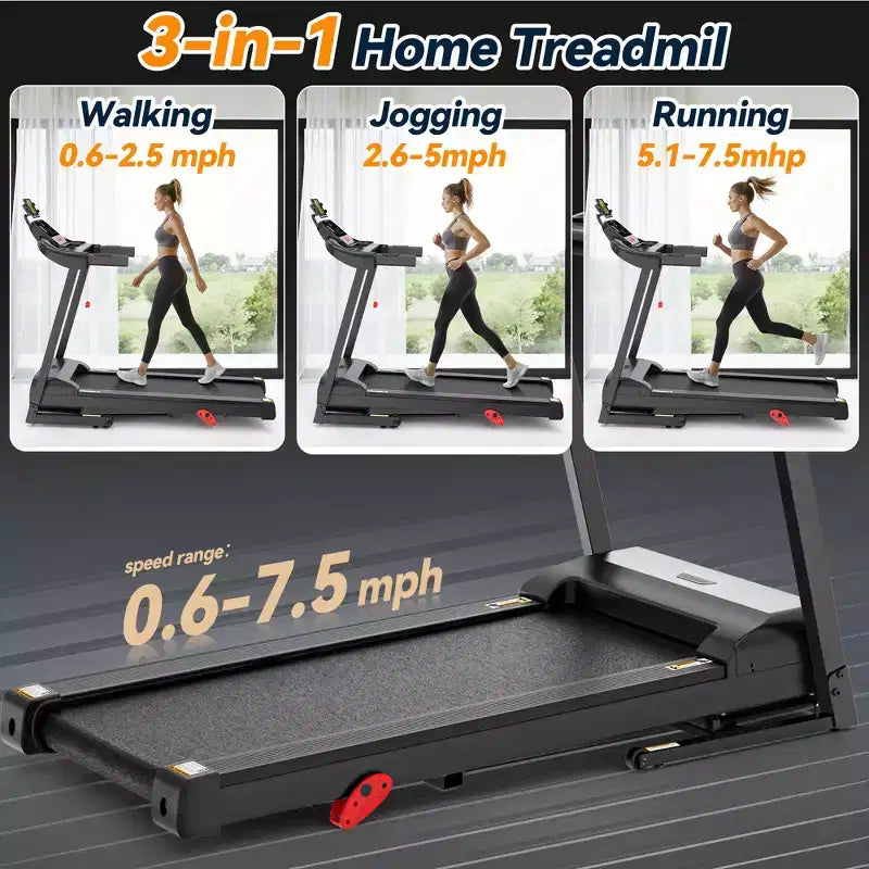 Tapis Roulant Inclinable à 12 % avec Poignée, Tapis Roulant Portable 3,45 CV pour la Maison, Tapis Roulant Pliable Supportant 154 kg, Tapis de Marche 3-en-1 Silencieux