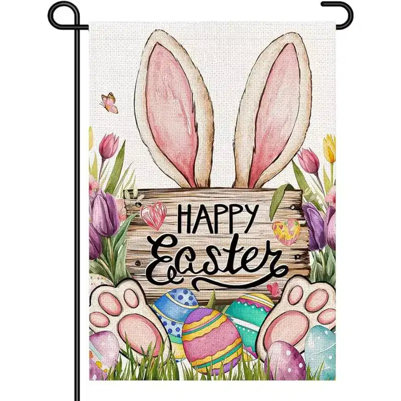 Lomsoe Drapeau de jardin de Pâques, lapin Happy Easter, panneau mignon œufs et fleurs, drapeau de cour de ferme, décor extérieur de fête, cadeau de Pâques 12x18 pouces
