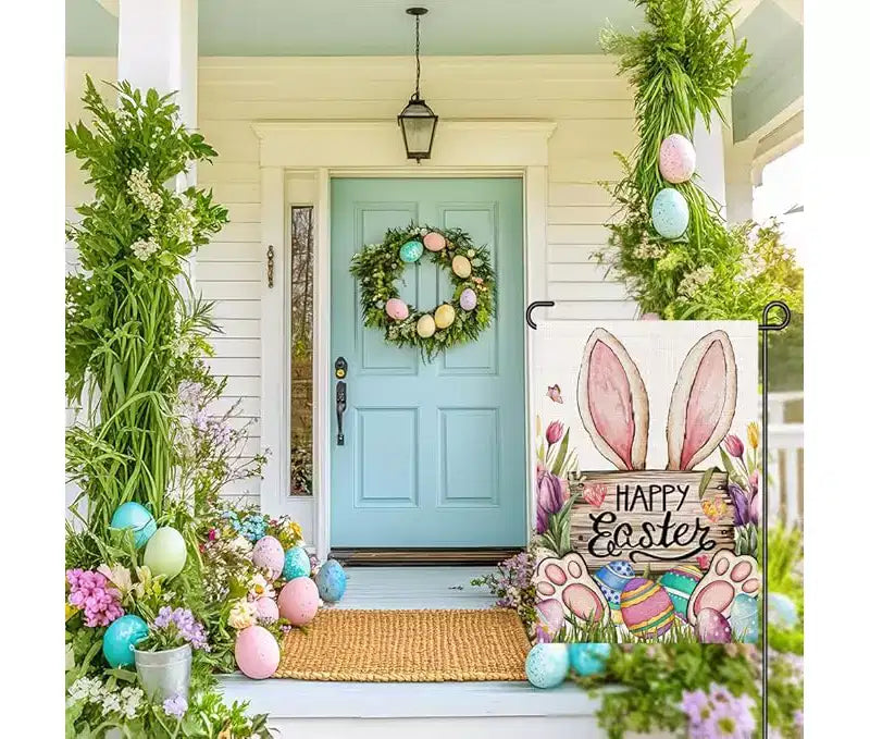 Lomsoe Drapeau de jardin de Pâques, lapin Happy Easter, panneau mignon œufs et fleurs, drapeau de cour de ferme, décor extérieur de fête, cadeau de Pâques 12x18 pouces