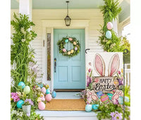 Lomsoe Drapeau de jardin de Pâques, lapin Happy Easter, panneau mignon œufs et fleurs, drapeau de cour de ferme, décor extérieur de fête, cadeau de Pâques 12x18 pouces
