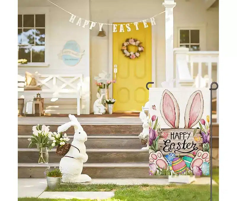 Lomsoe Drapeau de jardin de Pâques, lapin Happy Easter, panneau mignon œufs et fleurs, drapeau de cour de ferme, décor extérieur de fête, cadeau de Pâques 12x18 pouces