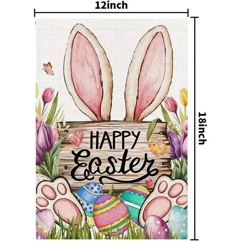 Lomsoe Drapeau de jardin de Pâques, lapin Happy Easter, panneau mignon œufs et fleurs, drapeau de cour de ferme, décor extérieur de fête, cadeau de Pâques 12x18 pouces