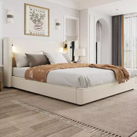 Christopher Knight Home Kanya - Cadre de lit moderne en bois tapissé en lin avec haute tête de lit à oreilles, lampe et port USB