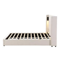 Christopher Knight Home Kanya - Cadre de lit moderne en bois tapissé en lin avec haute tête de lit à oreilles, lampe et port USB