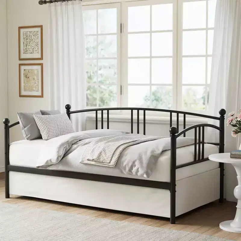 Lit gigogne, lit de jour robuste en métal avec support à lattes en acier, lit gigogne Twin à tête de lit cintrée, canapé-lit pour salon, chambre