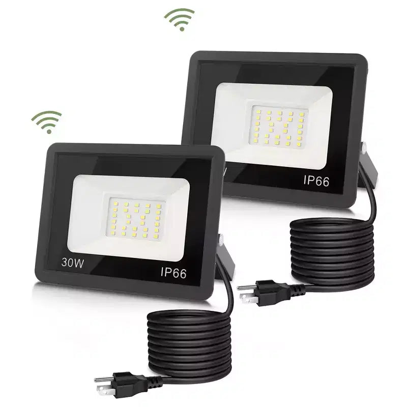 YANSUN Lot de 2 projecteurs d'extérieur monocouleur à détection de lumière blanche, boîtier en graphène noir, étanche IP66, 120 V, cordon d'alimentation certifié UL de 0,9 m