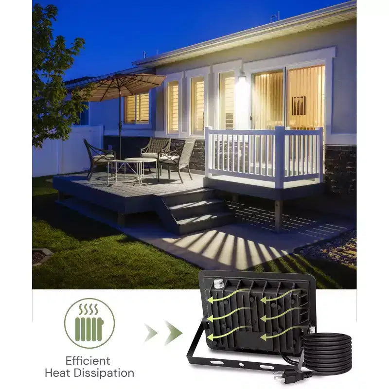 YANSUN Lot de 2 projecteurs d'extérieur monocouleur à détection de lumière blanche, boîtier en graphène noir, étanche IP66, 120 V, cordon d'alimentation certifié UL de 0,9 m