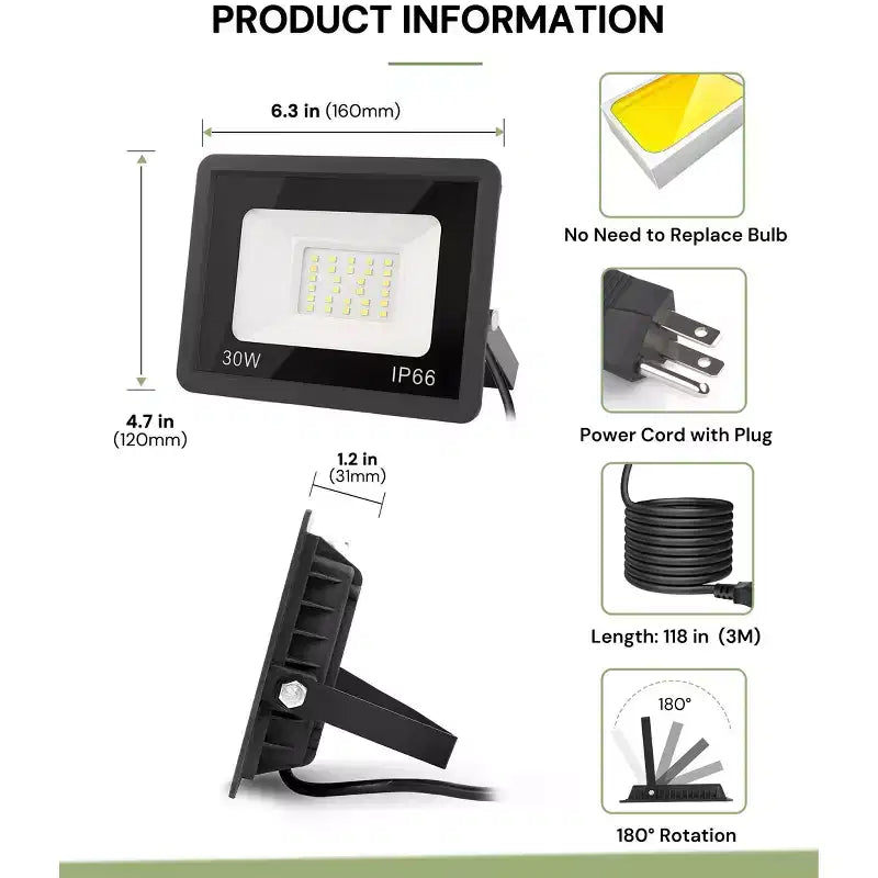 YANSUN Lot de 2 projecteurs d'extérieur monocouleur à détection de lumière blanche, boîtier en graphène noir, étanche IP66, 120 V, cordon d'alimentation certifié UL de 0,9 m
