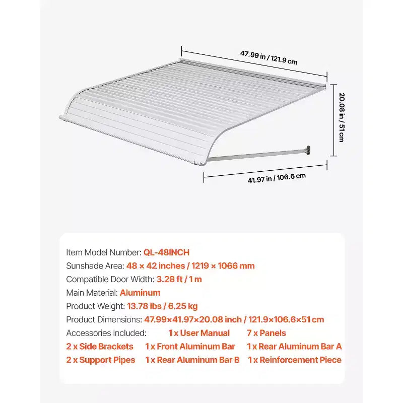 VEVOR Auvent en aluminium 48 x 42 po, auvent de fenêtre durable, auvent de porte, auvents extérieurs en aluminium légers et stables, blanc