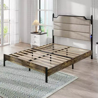 Lit plateforme Queen/King Size avec tête de lit capitonnée, cadre de lit plateforme en bois avec station de charge et lumières LED, brun industriel