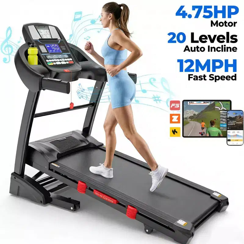 Tapis de course pliable Moteur silencieux 4,75 CV Inclinaison automatique 20 niveaux Application Bluetooth 71 programmes Plateforme amortissante Capacité 136 kg Usage domestique