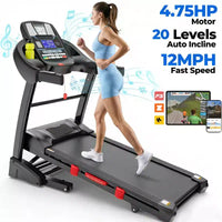 Tapis de course pliable Moteur silencieux 4,75 CV Inclinaison automatique 20 niveaux Application Bluetooth 71 programmes Plateforme amortissante Capacité 136 kg Usage domestique