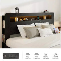 Lit plateforme double/grand lit/très grand lit avec tête de lit de rangement à LED, cadre de lit plateforme en bois avec 2 ports USB, grand espace de rangement sous le lit
