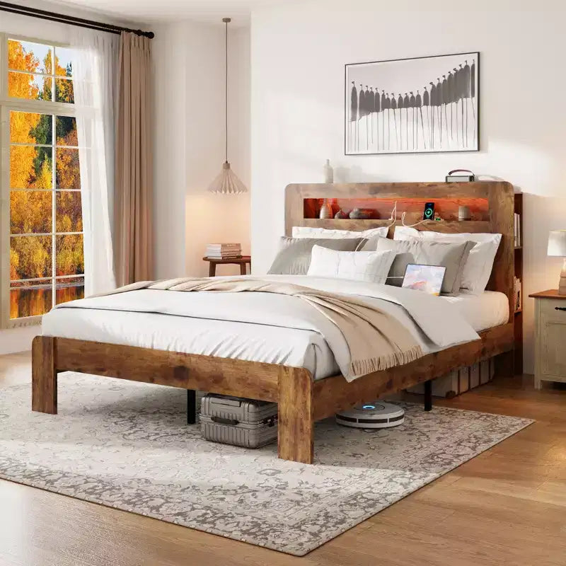 Lit plateforme double/grand lit/très grand lit avec tête de lit de rangement à LED, cadre de lit plateforme en bois avec 2 ports USB, grand espace de rangement sous le lit