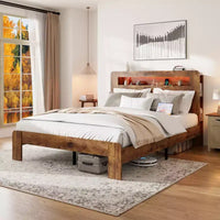 Lit plateforme double/grand lit/très grand lit avec tête de lit de rangement à LED, cadre de lit plateforme en bois avec 2 ports USB, grand espace de rangement sous le lit