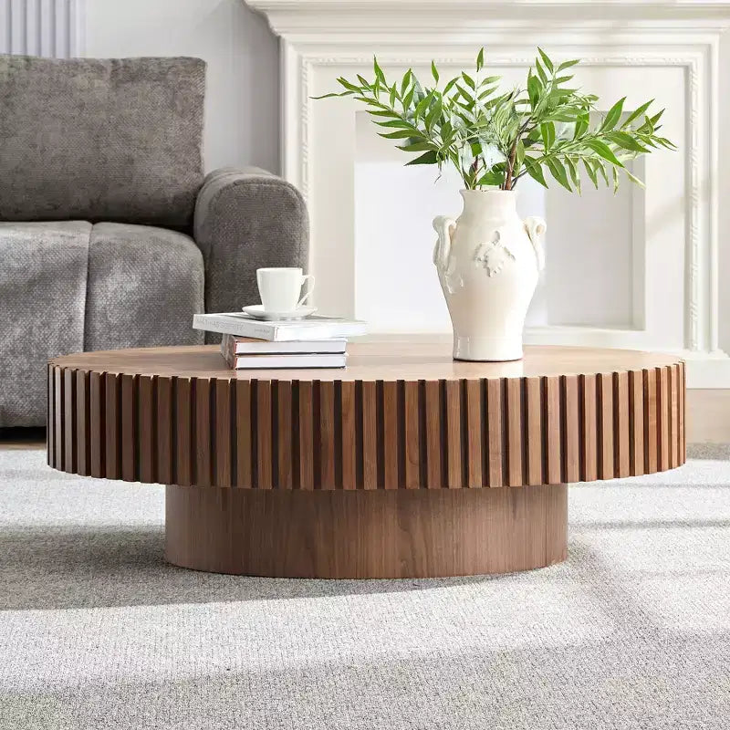 Table basse tambour artisanale moderne JVNOXK longueur 43.7 pouces, table basse ellipse pour salon, petite table basse ovale avec piédestal solide, noyer