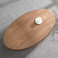 Table basse tambour artisanale moderne JVNOXK longueur 43.7 pouces, table basse ellipse pour salon, petite table basse ovale avec piédestal solide, noyer