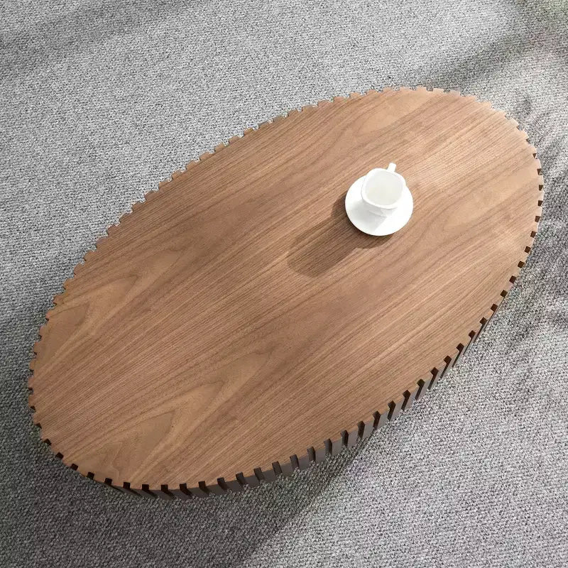 Table basse tambour artisanale moderne JVNOXK longueur 43.7 pouces, table basse ellipse pour salon, petite table basse ovale avec piédestal solide, noyer