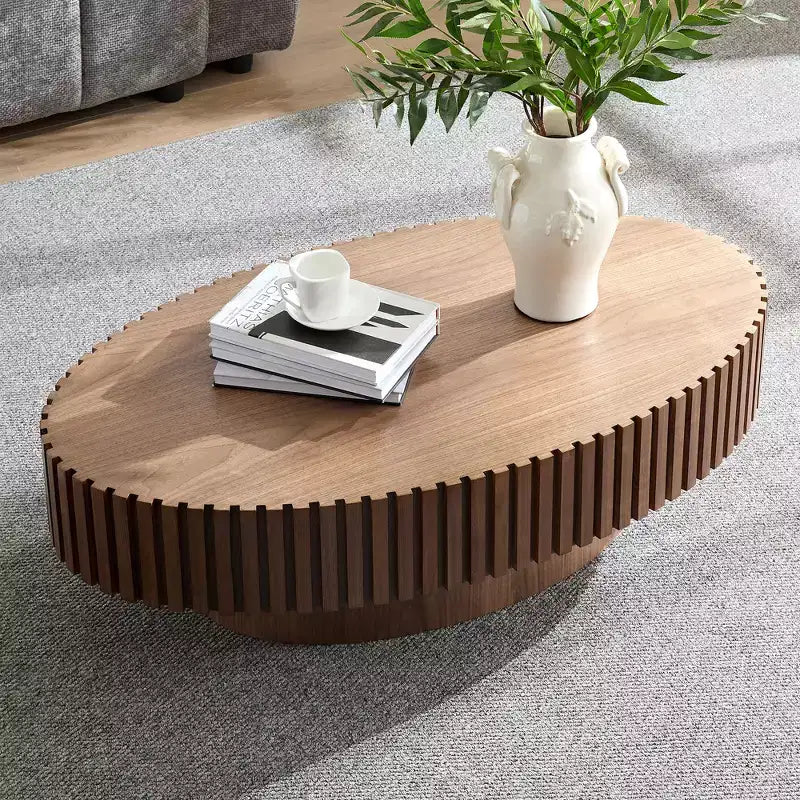 Table basse tambour artisanale moderne JVNOXK longueur 43.7 pouces, table basse ellipse pour salon, petite table basse ovale avec piédestal solide, noyer