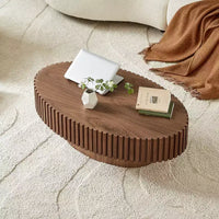 Table basse tambour artisanale moderne JVNOXK longueur 43.7 pouces, table basse ellipse pour salon, petite table basse ovale avec piédestal solide, noyer