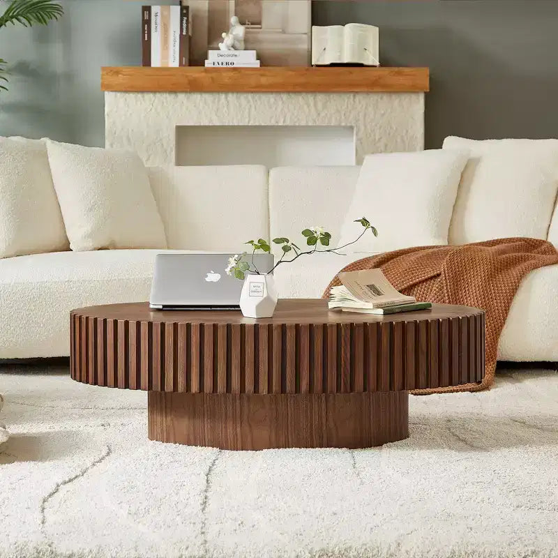 Table basse tambour artisanale moderne JVNOXK longueur 43.7 pouces, table basse ellipse pour salon, petite table basse ovale avec piédestal solide, noyer