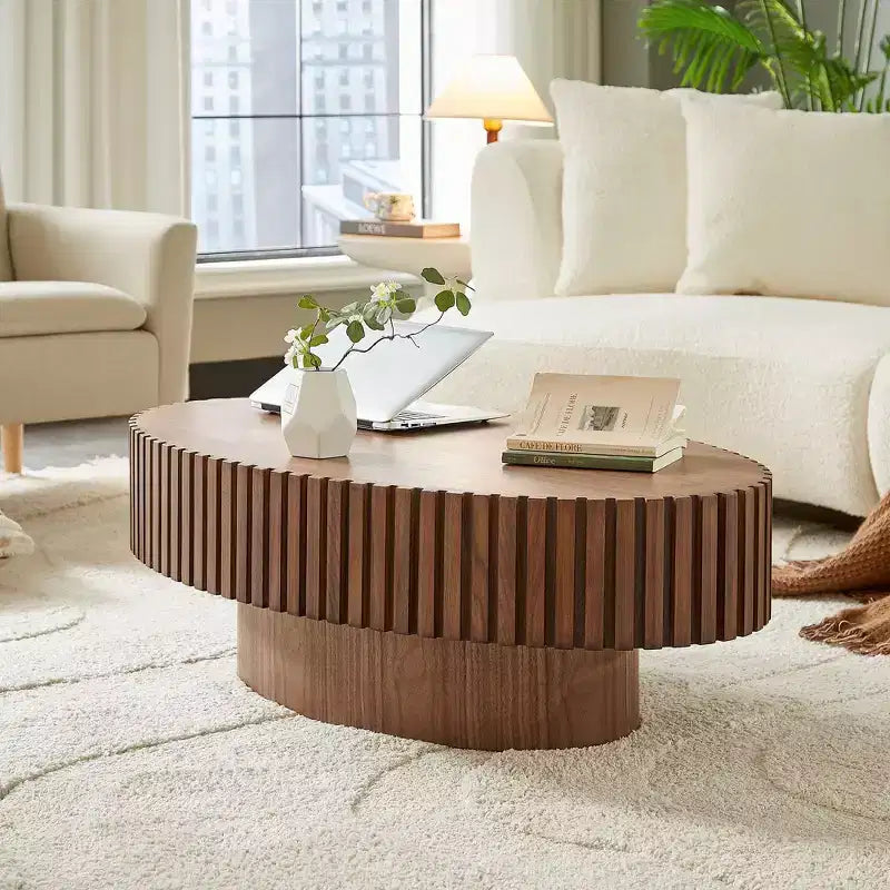 Table basse tambour artisanale moderne JVNOXK longueur 43.7 pouces, table basse ellipse pour salon, petite table basse ovale avec piédestal solide, noyer