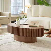 Table basse tambour artisanale moderne JVNOXK longueur 43.7 pouces, table basse ellipse pour salon, petite table basse ovale avec piédestal solide, noyer