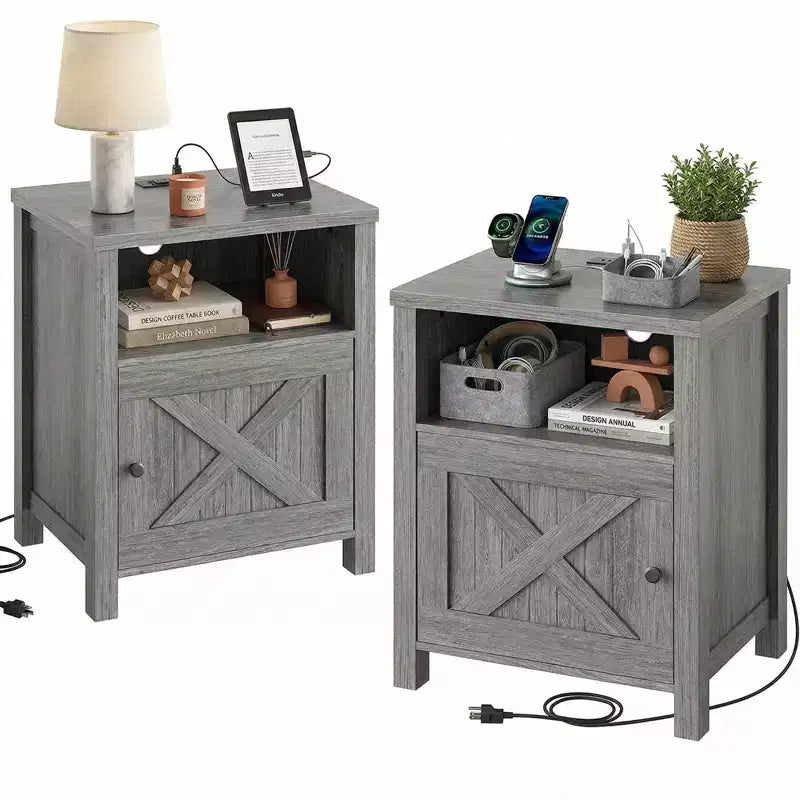Lot de 2 tables de chevet avec station de recharge, table de chevet style ferme avec étagère ouverte, armoire fermée, port USB et prise CA, table de chevet avec rangement