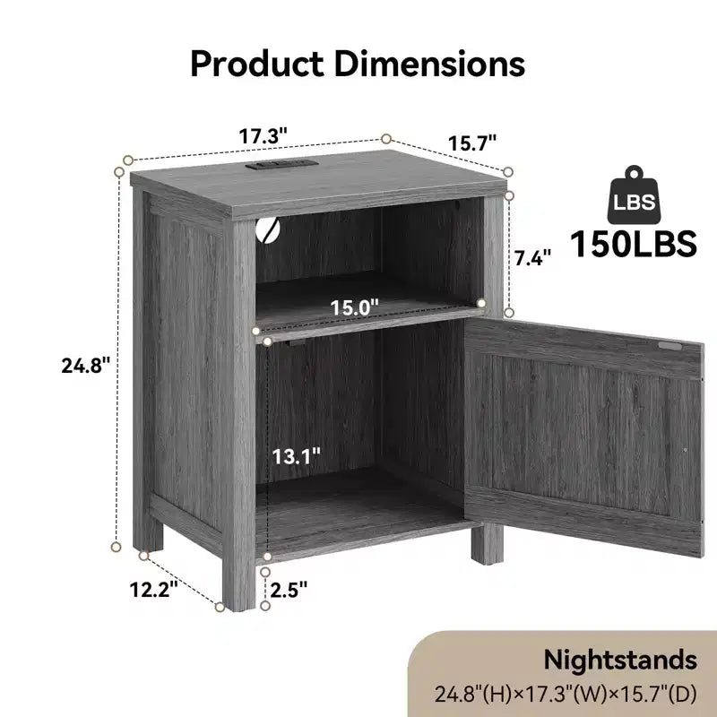 Lot de 2 tables de chevet avec station de recharge, table de chevet style ferme avec étagère ouverte, armoire fermée, port USB et prise CA, table de chevet avec rangement