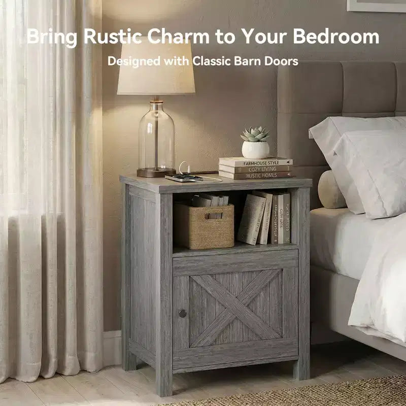 Lot de 2 tables de chevet avec station de recharge, table de chevet style ferme avec étagère ouverte, armoire fermée, port USB et prise CA, table de chevet avec rangement