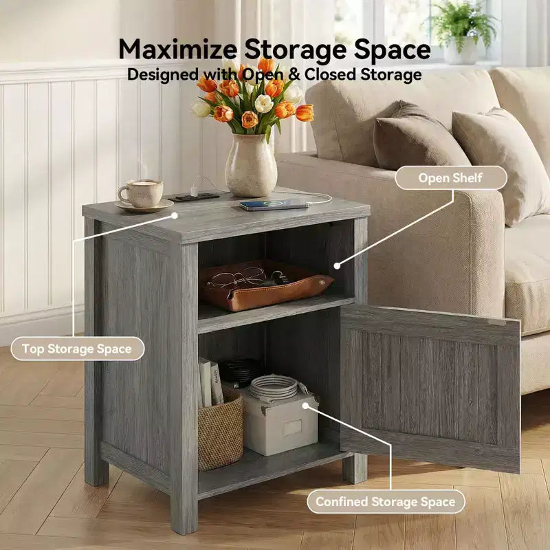 Lot de 2 tables de chevet avec station de recharge, table de chevet style ferme avec étagère ouverte, armoire fermée, port USB et prise CA, table de chevet avec rangement