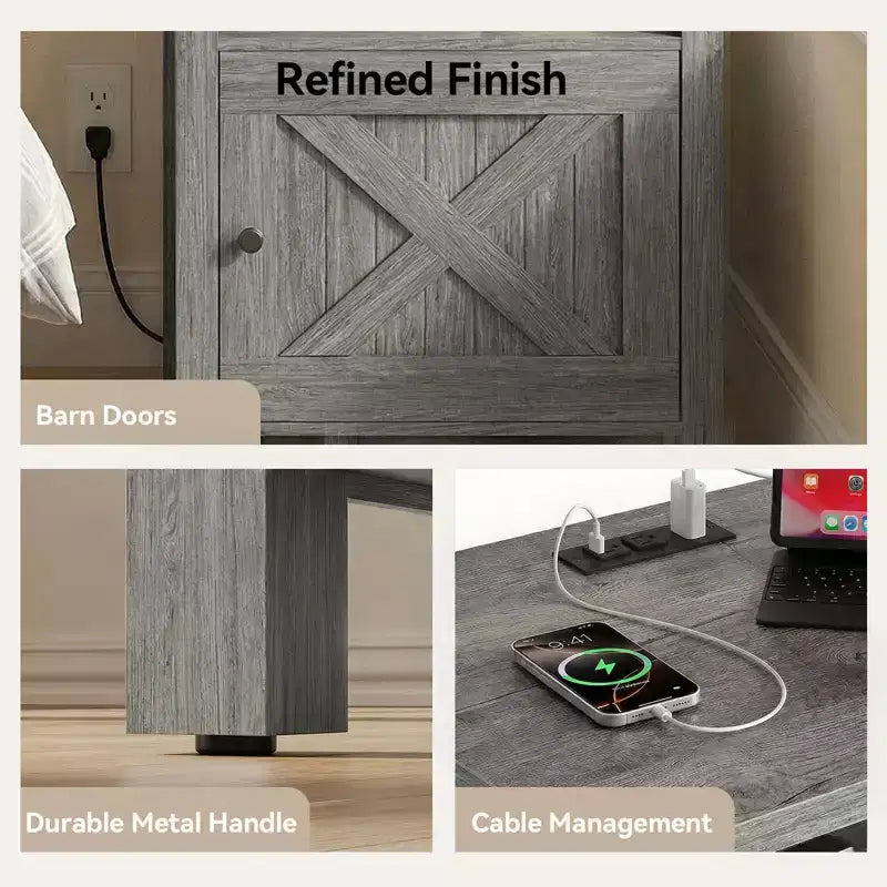 Lot de 2 tables de chevet avec station de recharge, table de chevet style ferme avec étagère ouverte, armoire fermée, port USB et prise CA, table de chevet avec rangement