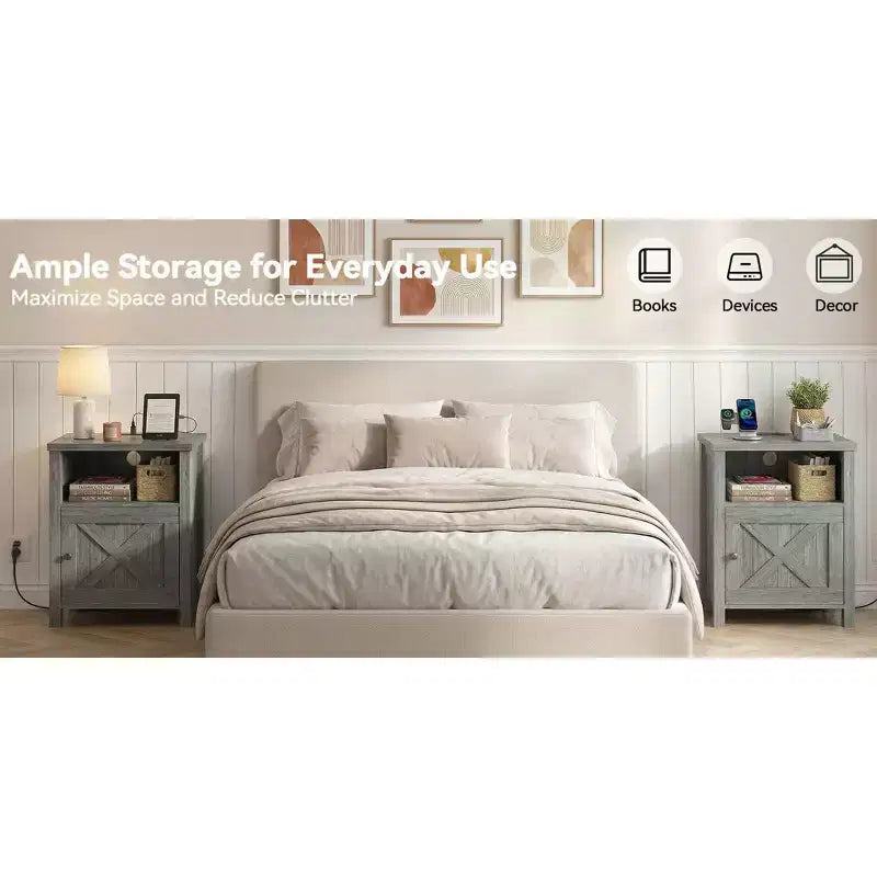 Lot de 2 tables de chevet avec station de recharge, table de chevet style ferme avec étagère ouverte, armoire fermée, port USB et prise CA, table de chevet avec rangement